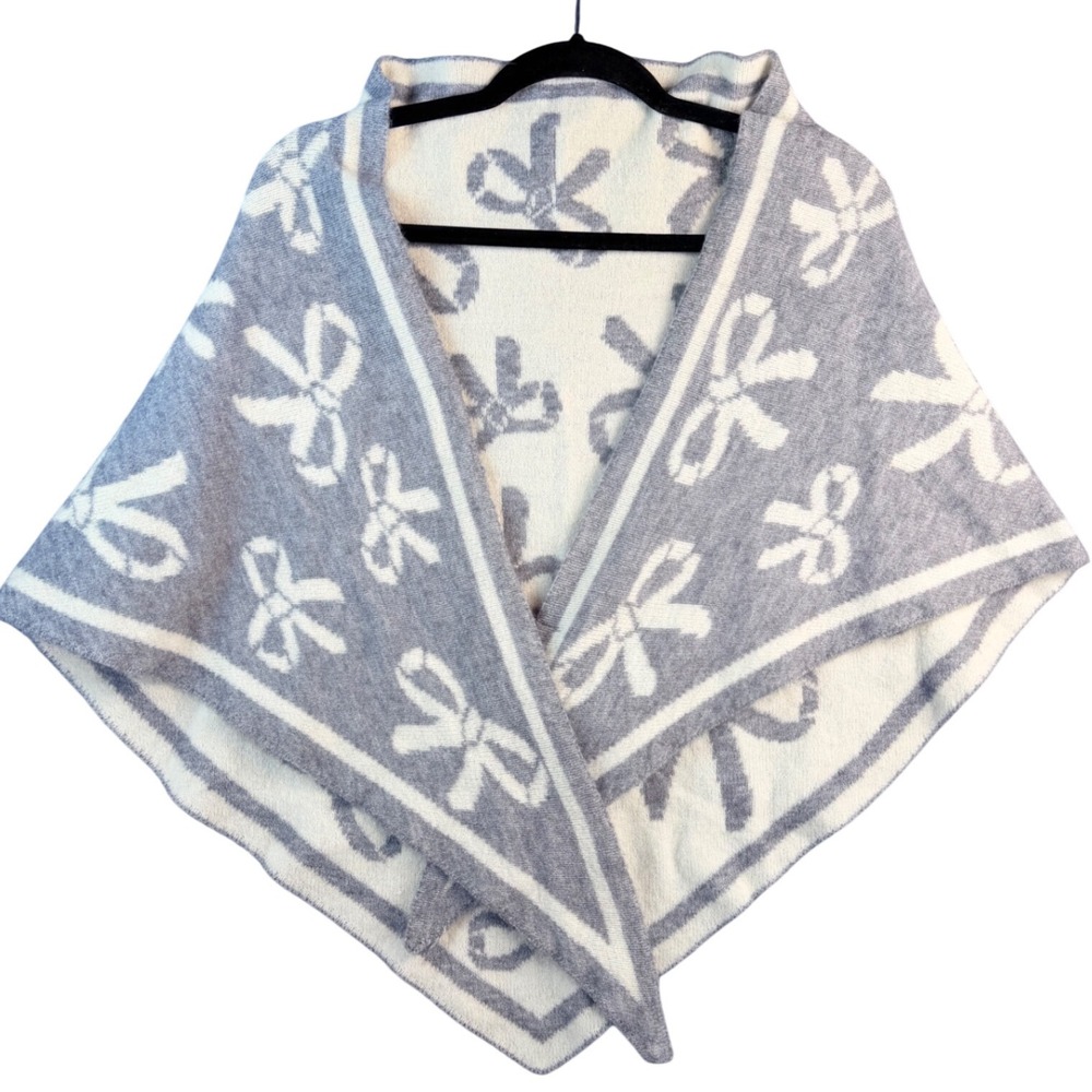 Rachel Zoe Grey Cream Bow Print Reversible Knit Wrap Shawl Scarf OS